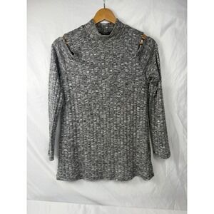 Snap M‎ Gray Marled Cold Shoulder Mock Neck Knit Tunic Top Made USA